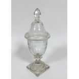 A 19thc crystal urn shaped engraved sweetmeat dish with domed engraved and thumb cut top with