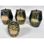 A set of four possibly Methven pottery ribbed barrel storage jars including meal, sugar, flour and