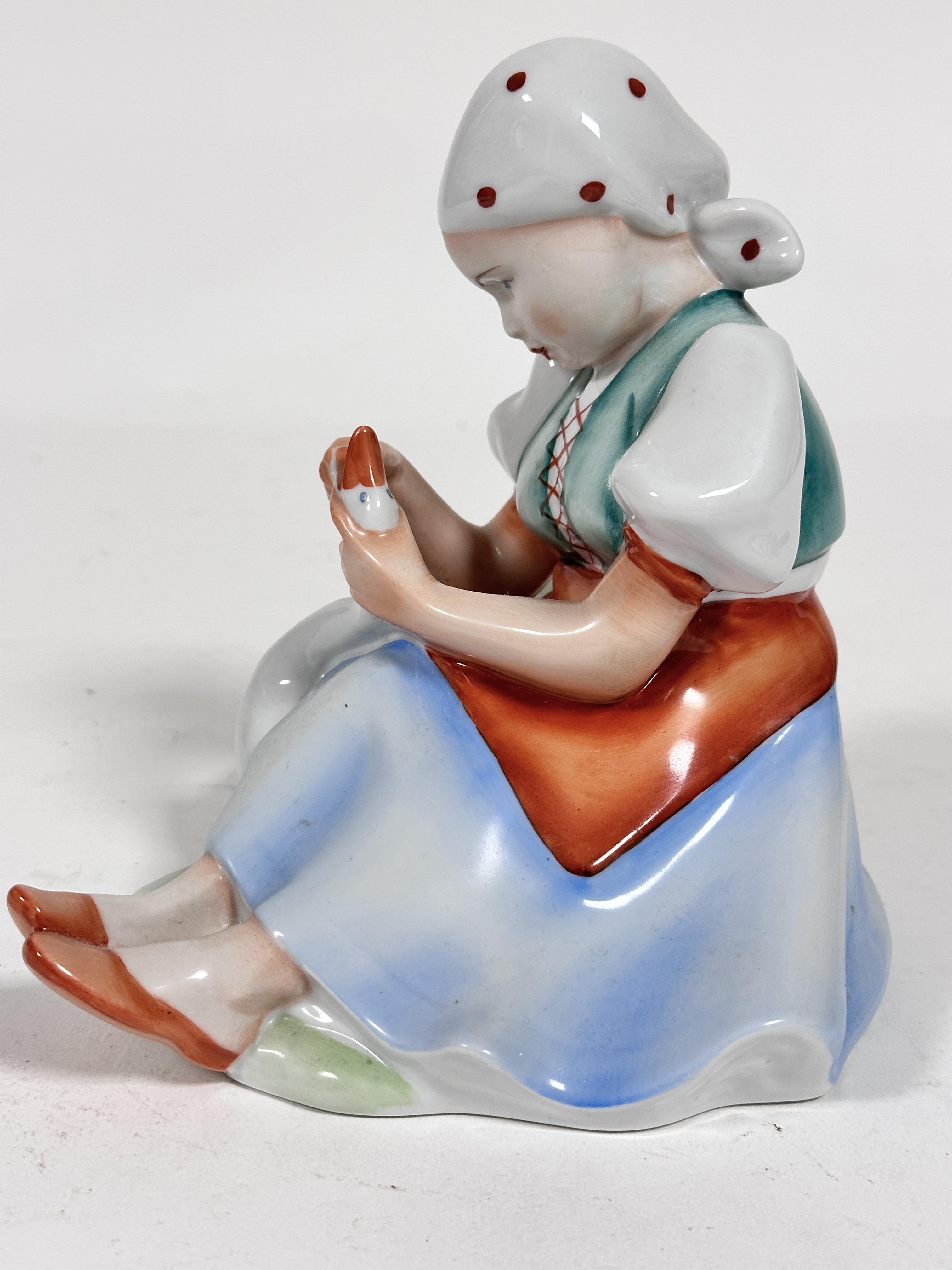 A Herend porcelain figure of a Girl with Goose, decorated with polychrome enamels (17cm x 16cm x - Image 3 of 4