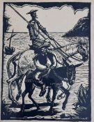 Don Quixote and San Jopanza, wood cut print on coloured paper, signed indistinctly bottom right,