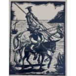 Don Quixote and San Jopanza, wood cut print on coloured paper, signed indistinctly bottom right,