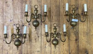 A set of four brass twin branch wall sconces H32cm