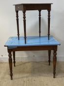 A Victorian mahogany table on ring turned supports (H77cm, 108cm x 75cm) together with another