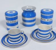 A TG & Green Cornishware Green Pea cyclinder storage jar complete with cover, (14.5cm x 10cm)