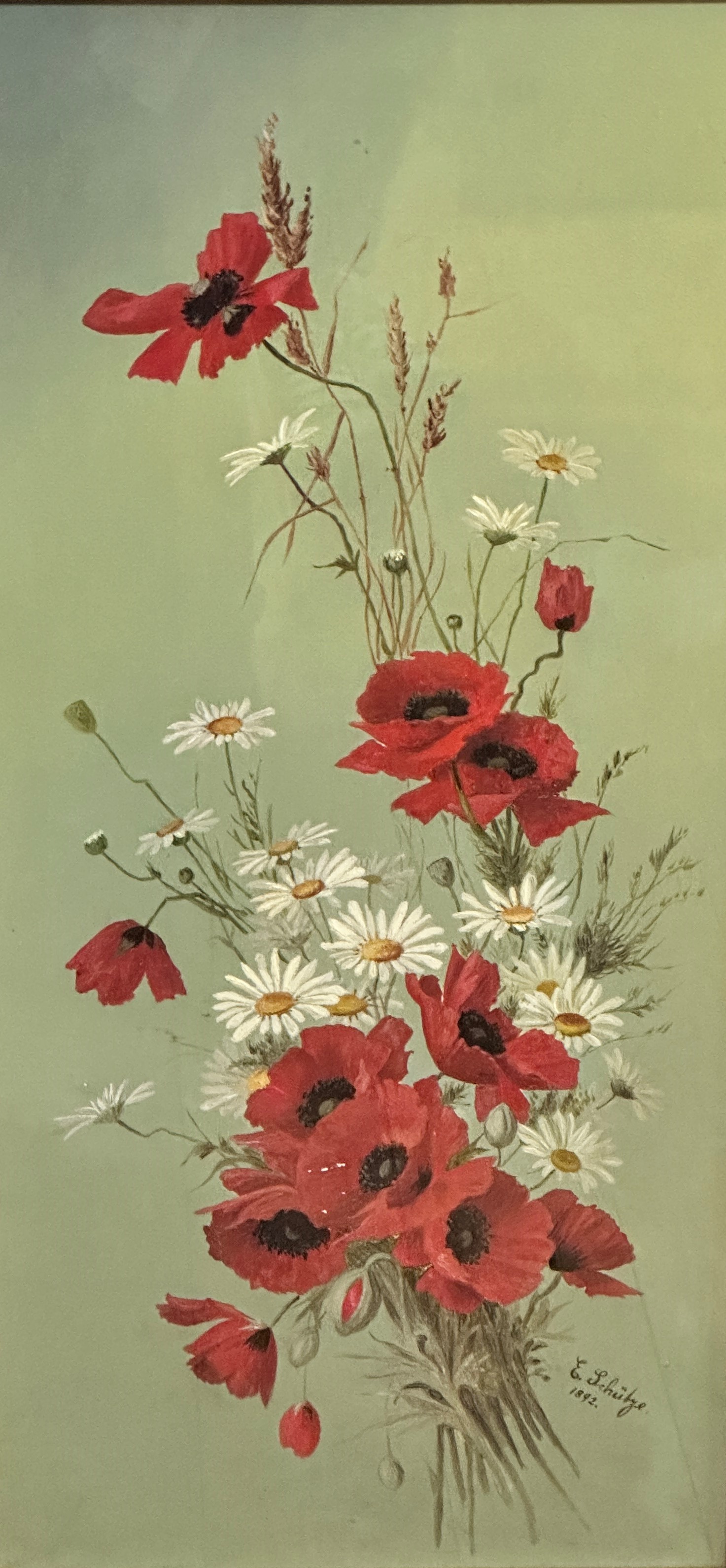 E Schuze, Poppies, Daisys and Wheat Stalks, oil on panel, signed bottom right, dated 1892, gilt