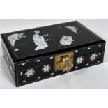 A Japanese black lacquered jewellery box, the top with inlaid mother of pearl carved panels