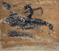 Terry Barron Kirkwood (Scottish), Horse Woman and a Bow, ink on paper with scratched design,