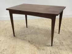 A mid century teak extending dining table, the square cross banded top with duo drawer leaf raised