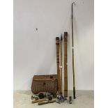 Fishing interest, A group of five fly reels, a spinning reel, a wicker creel basket, two bamboo