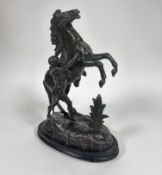 A cast spelter model of a Marley horse and Figure on oval moulded hardwood base (46cm x base: 32cm x