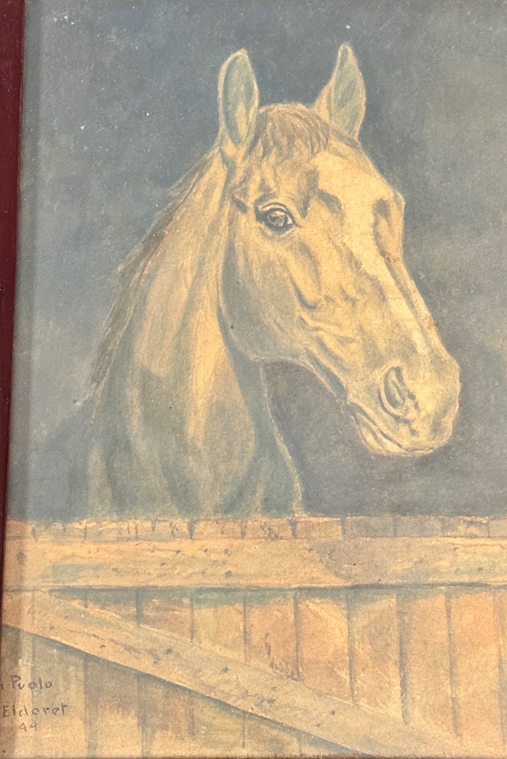Pualo Eldoret, Horses Head over the Stable Door, print, signed bottom left, dated '44, mahogany