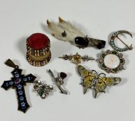 An enamelled crucifix pendant with stylised flower design, (L:6cm) an enamelled and paste set