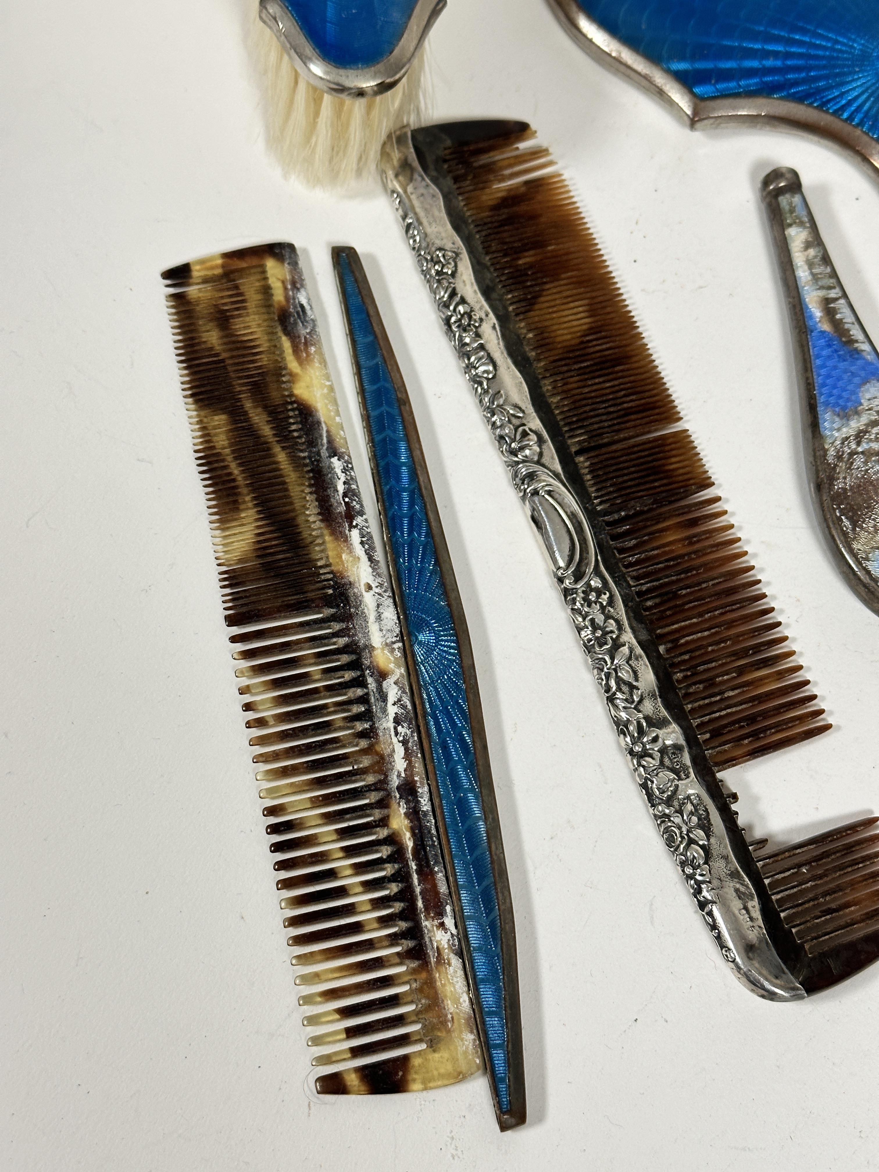 A six piece blue guilloche style enamelled silvered dressing table brush set, an Edwardian silver - Image 3 of 4