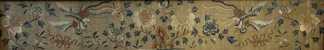 Chinese silk work panel on pale green silk with central chrysanthemums and tide scrolls with