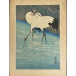 19thc Japanese wood block print depicting Two Cranes at River Edge, highlighted with colour,