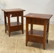 A pair of reproduction cherry wood bedside tables, fitted with a drawer and under tier, raised on