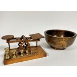 An Edwardian estate made set of postal balance scales complete with six matching weights, (h 14cm,