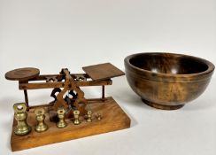 An Edwardian estate made set of postal balance scales complete with six matching weights, (h 14cm,