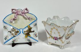 A 19thc china Continental envelope style wall pocket with ribbon surmount, decorated with floral and