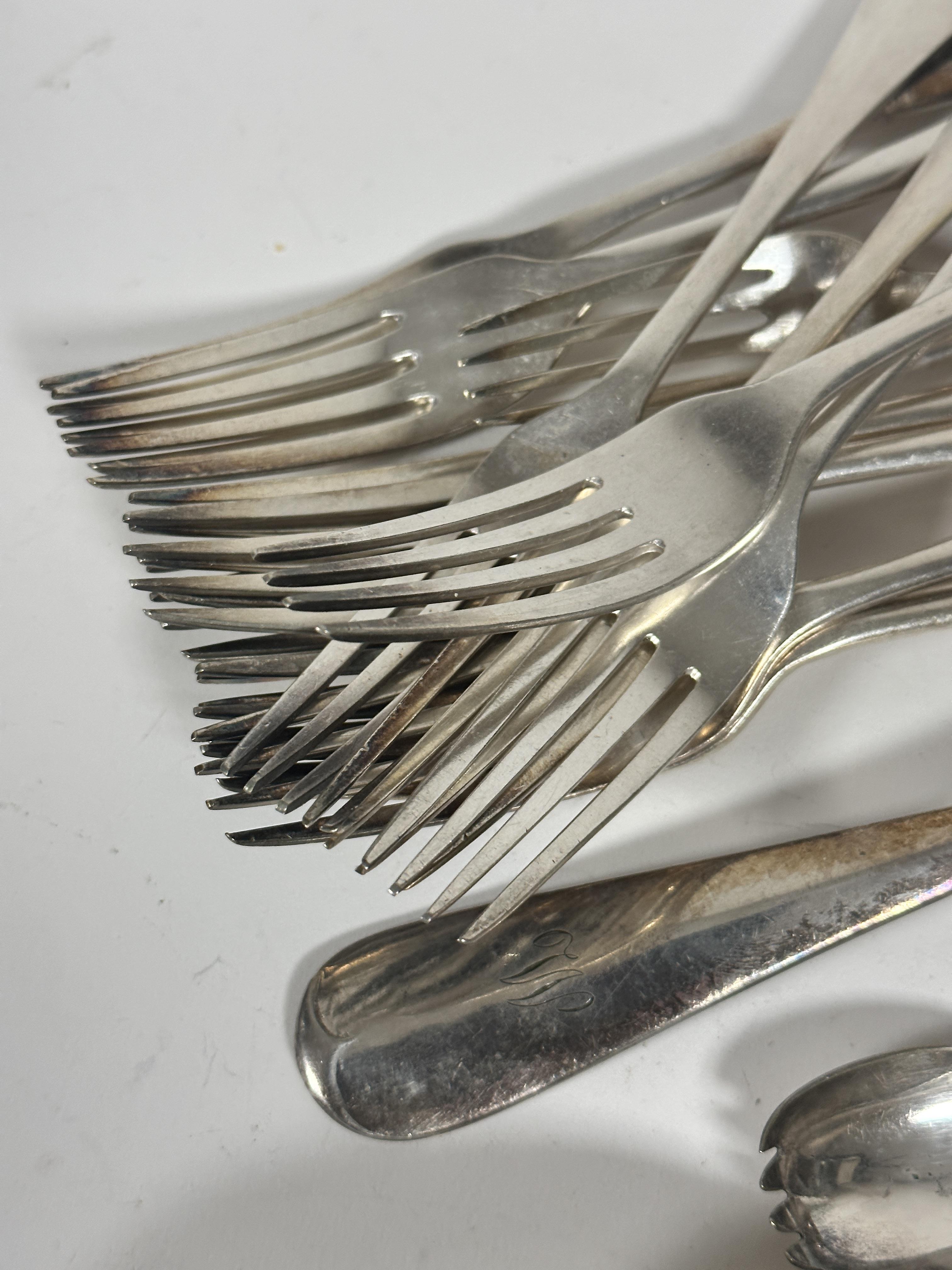 Thirteen Epns table forks engraved with initial M, Old English pattern, show signs of use and - Image 3 of 5