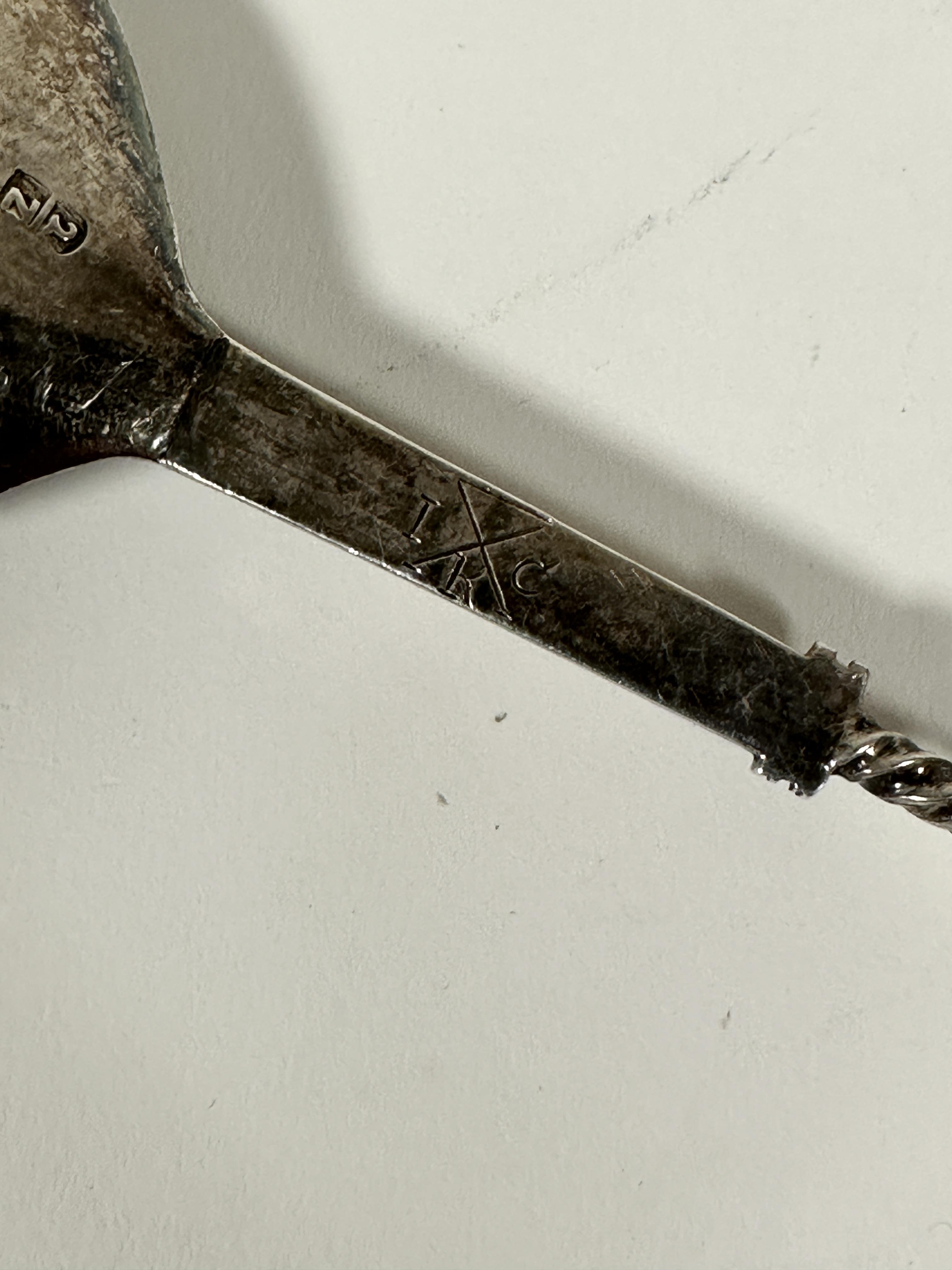 A 19thc Continental apostle spoon with spiral twist handle and figure holding a spear with scrolling - Image 3 of 4