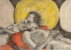 Lin Hattersley, Sleeping Figure, charcoal and pastel, unsigned, label verso, mounted, (58cm x 83cm)