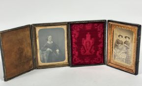 A pair of 19thc photographs depicting a figure in black silk dress with lace collar, in original