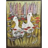 Albert Noriss, Two Aylesbury Ducks in a Garden, pastel on board, signed bottom right, dated '01, oak