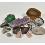 A selection of amethyst rock crystal, an ammonite, rose quartz, green stone, agate shallow dish,