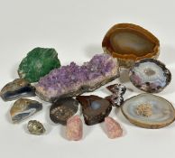 A selection of amethyst rock crystal, an ammonite, rose quartz, green stone, agate shallow dish,