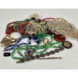 A Chinese style early 1930s scarab style plastic bead necklace, a steel panelled bracelet, an
