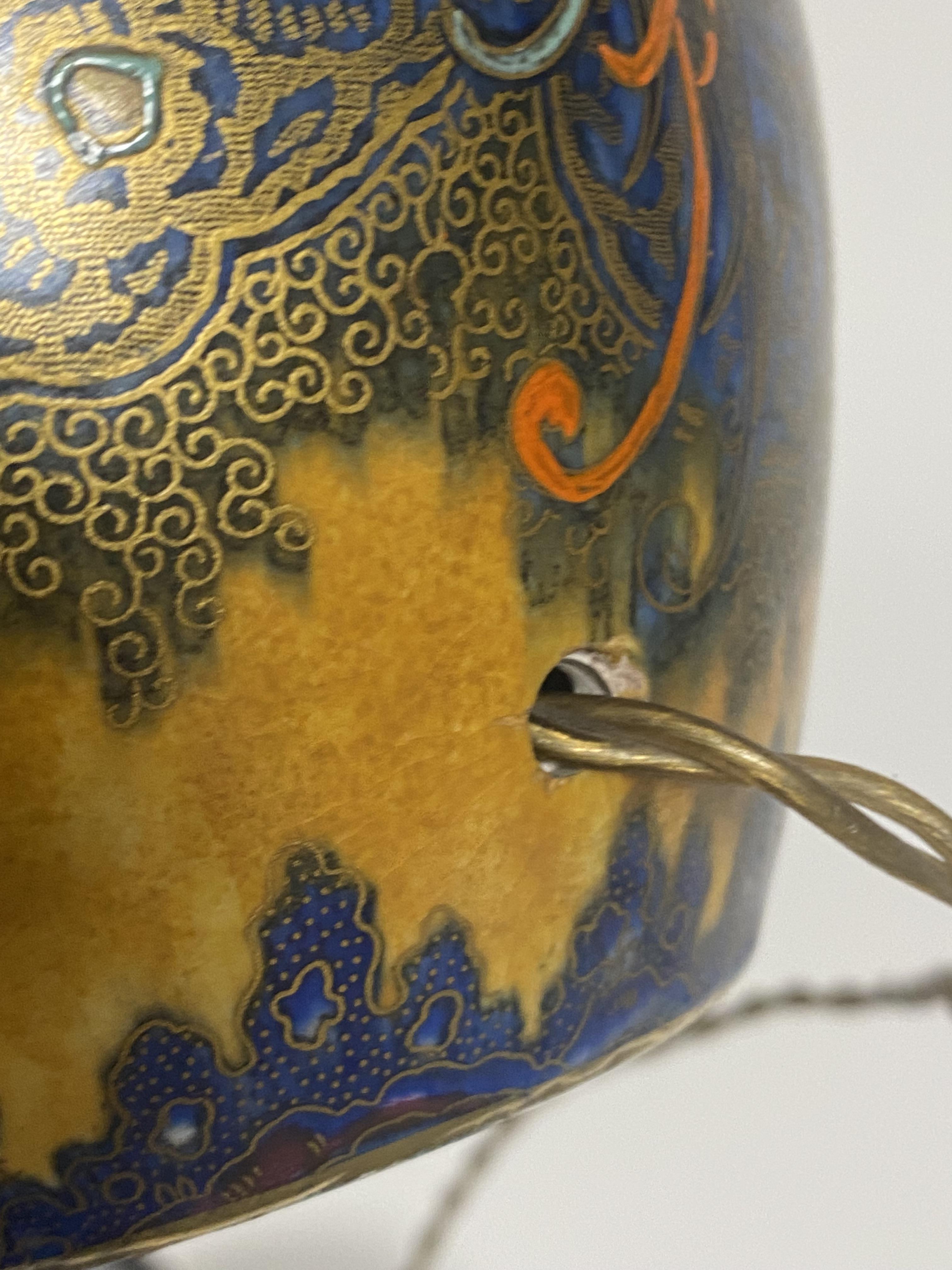 A Carlton ware Chinse bird and cloud pattern table lamp, well gilded and enamelled on a deep blue - Image 5 of 5