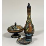 A Goulda Holland pottery decorative decanter with cork to the stopper ( h- 30cm), a dish on domed