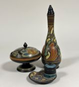 A Goulda Holland pottery decorative decanter with cork to the stopper ( h- 30cm), a dish on domed