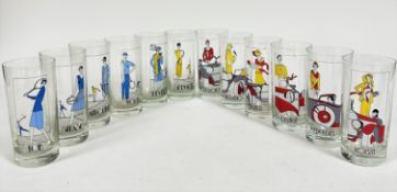 A set of six 1970s/1980s high ball glasses decorated with 1920s style figures with model cars