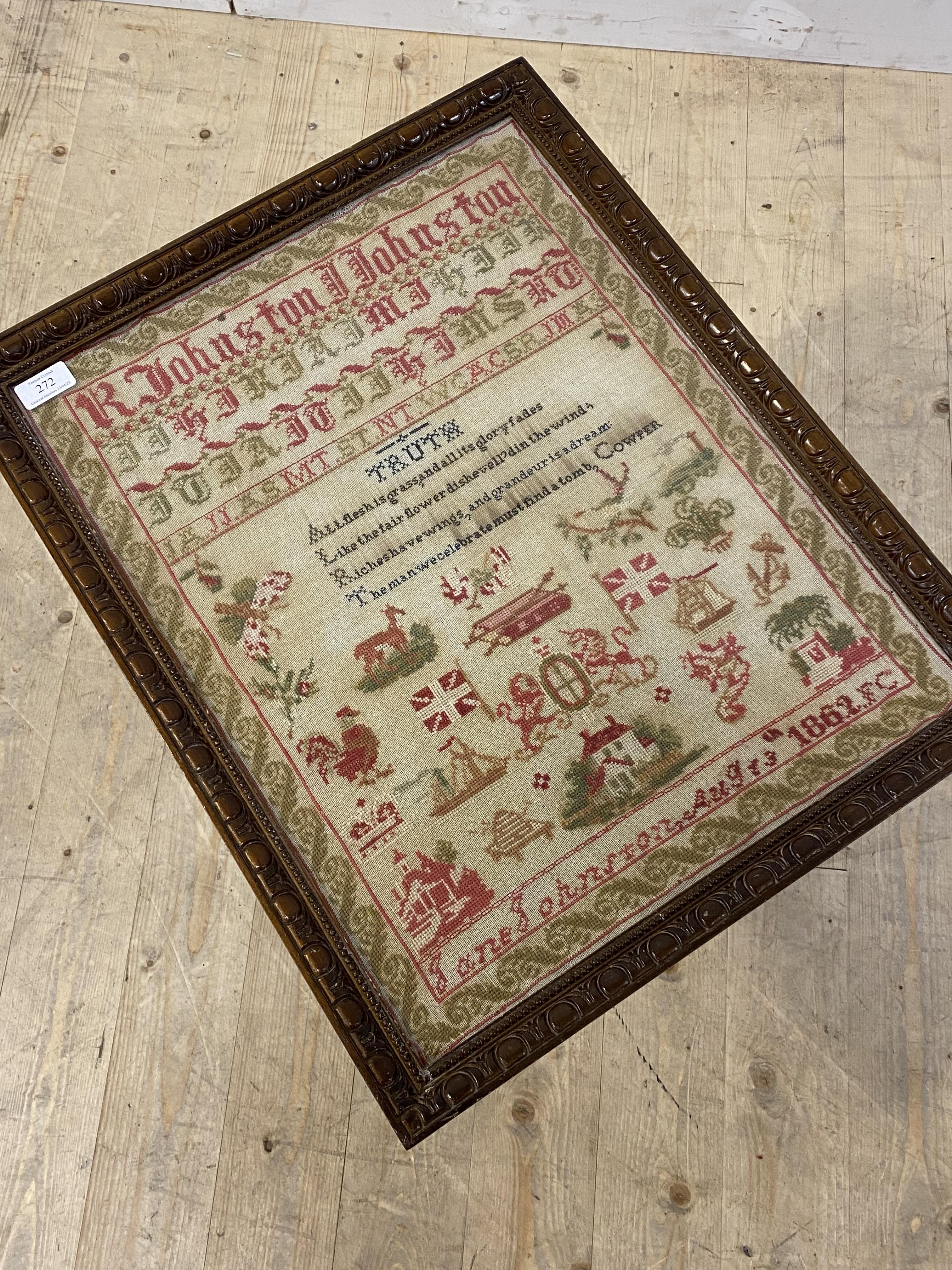 A Victorian needlework sampler, dated 1862, within a later glazed mahogany metamorphic table fire - Image 2 of 2