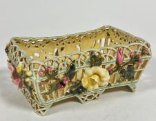 A Zsolnay Pecs Hungarian rectangular concave flower basket with pierced glazed and gilded panelled