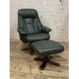 A vintage green leather upholstered reclining easy chair and footstool H102cm