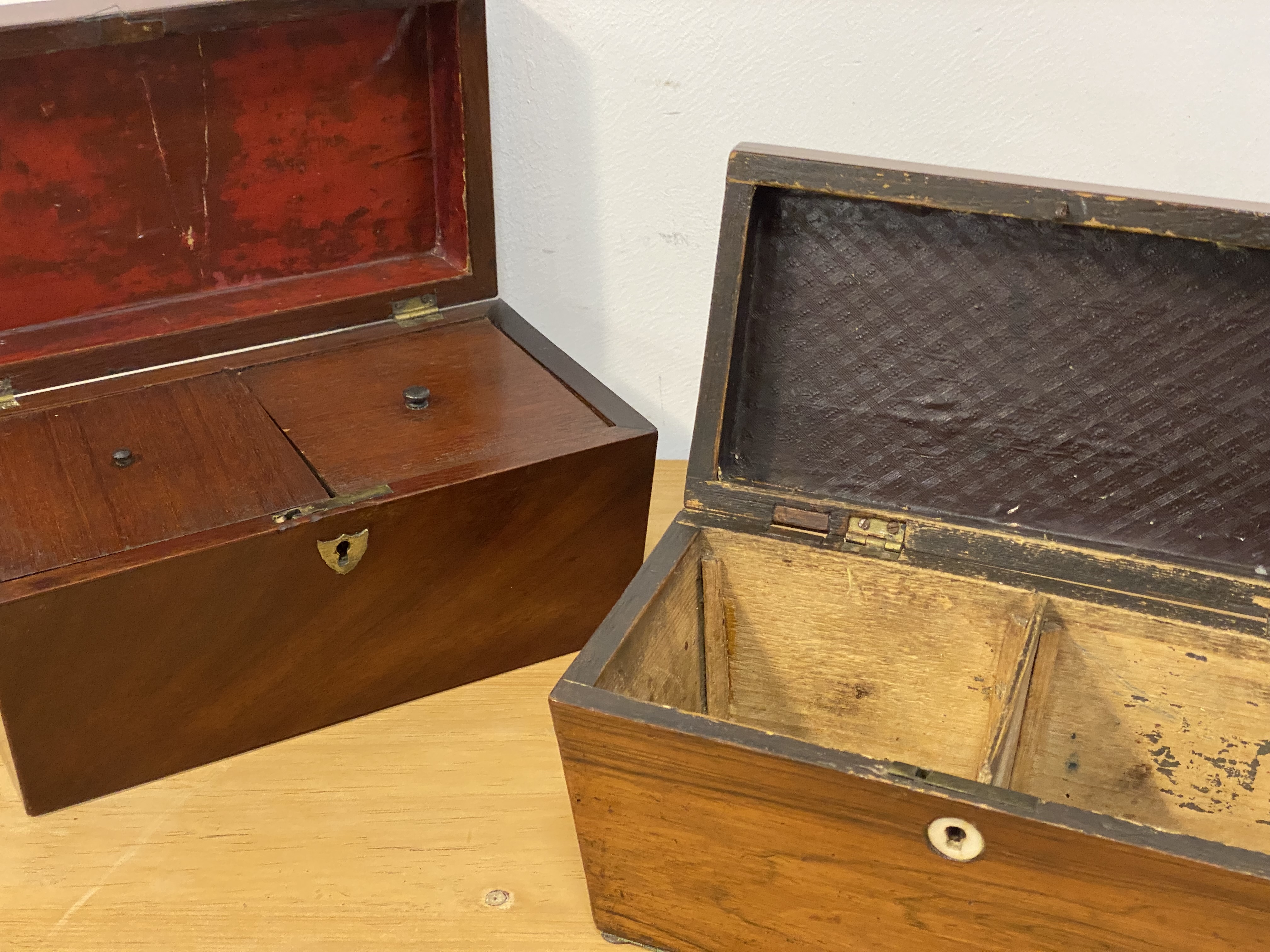 A 19th century rosewood tea caddy of sarcophagus form, with mother of pearl escutcheon and partially - Image 2 of 2