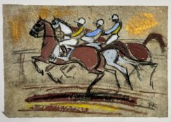 Terry Barron Kirkwood (Scottish) Jockeys at the Off, mixed media with charcoal and watercolour, on