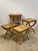 A pair of folding beech side tables (H51cm) together with another side table, (H63cm) and a