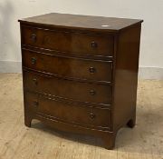 A burr walnut bow front chest fitted with four drawers, raised on bracket supports, H82cm, W77cm,