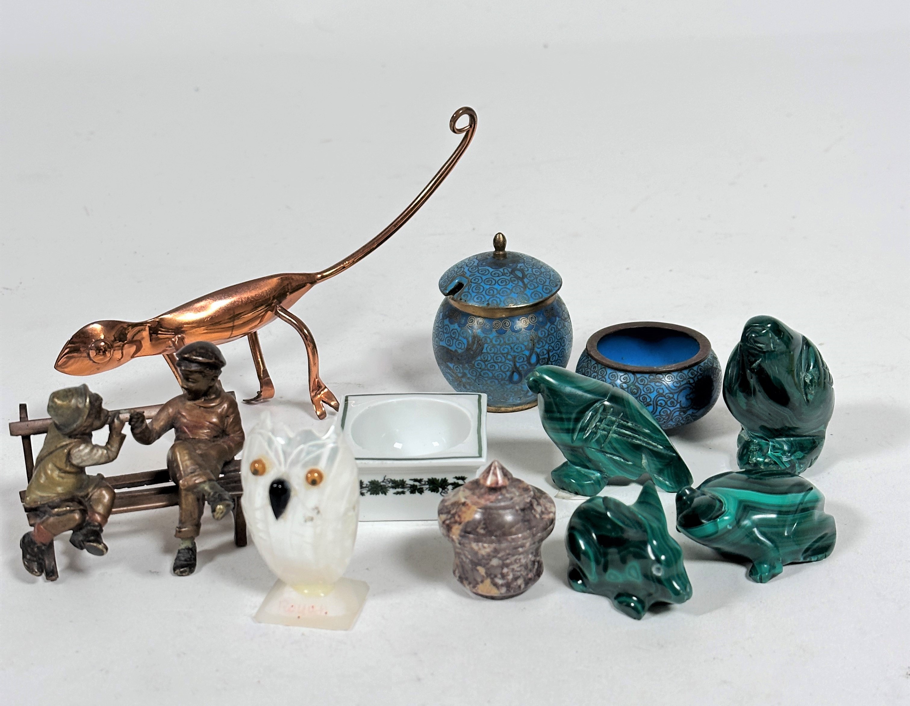A copper Chameleon (15cm including tail), a shell Owl , a Meissen miniature salt and cloisonne