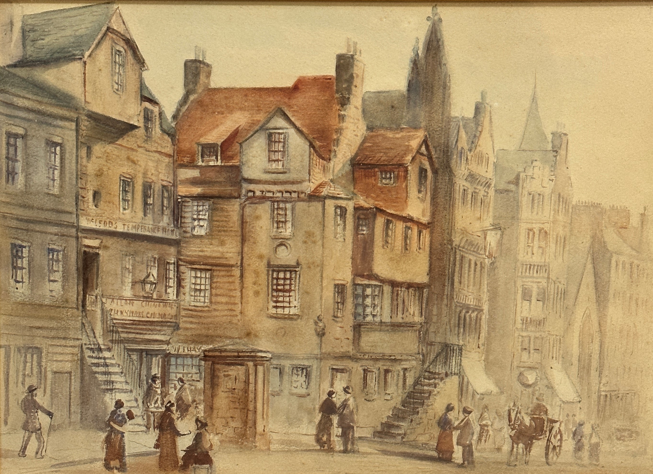 Scottish School, High Street Edinburgh, John Knox's House, watercolour, signed indistinctly, gilt