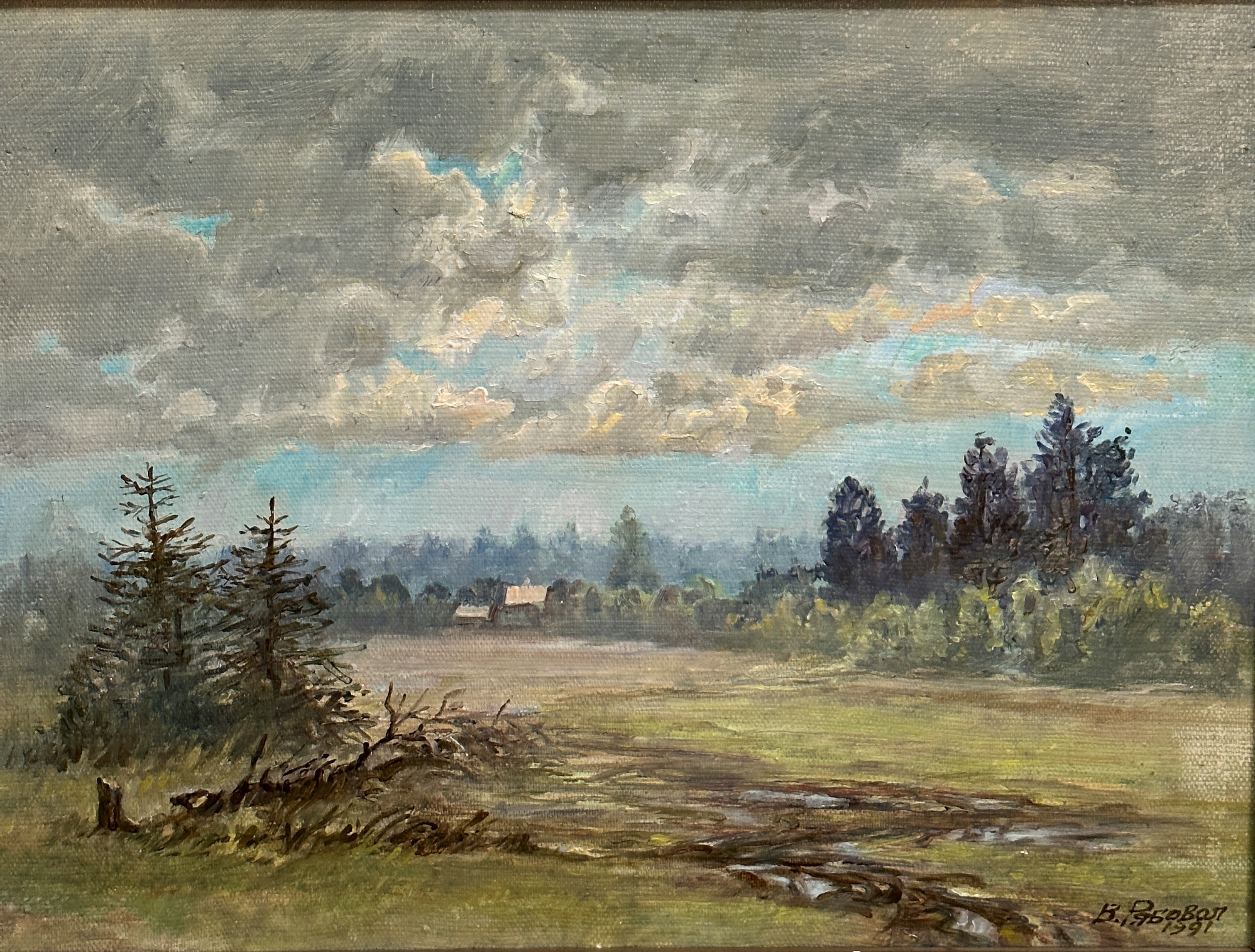 B Prhobon, A Village Outskirts, oil on canvas, signed and inscribed verso, dated 1991, silvered