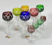 A Nachtmann Bavarian set of six Harlequin coloured glass to clear hock glasses on faceted stems