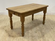 A Victorian style waxed pine dining table fitted with a drawer to one end, H78cm, 75cm x 137cm