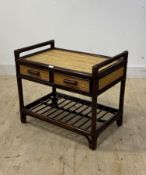 A Vintage stained bamboo side table fitted with two drawers over an under tier, H62cm, W72cm, D46cm
