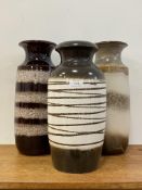 Three brown and white glazed West German ceramic vases, tallest 41cm