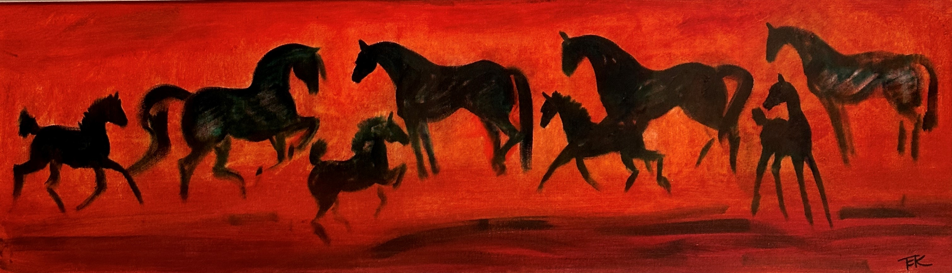 Terry Barron Kirkwood (Scottish) Sunset Mares and Fouls, signed with initials bottom right,